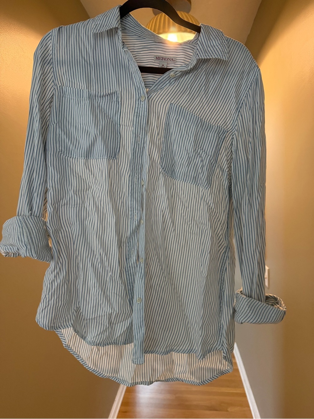 Merona Light Blue & White Striped Button-Up Shirt Medium
